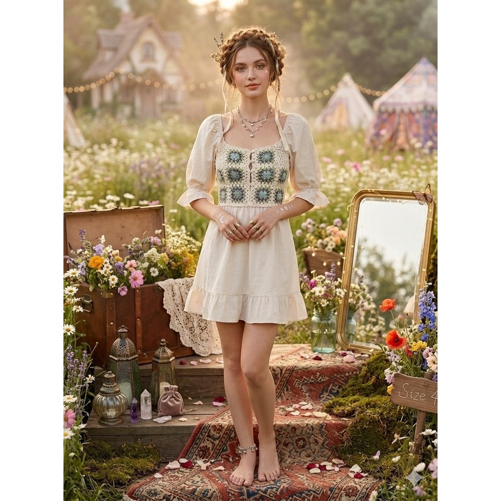 NWT ASOS Crochet Granny Square Babydoll Mini Dress Puff Sleeve Cottagecore Sz 4